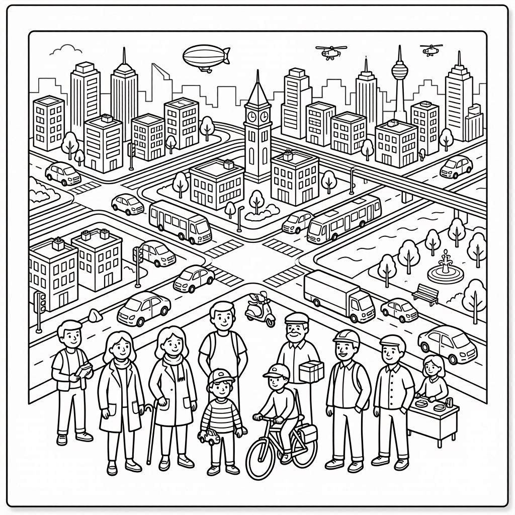 Group of people in a city Coloring Page
